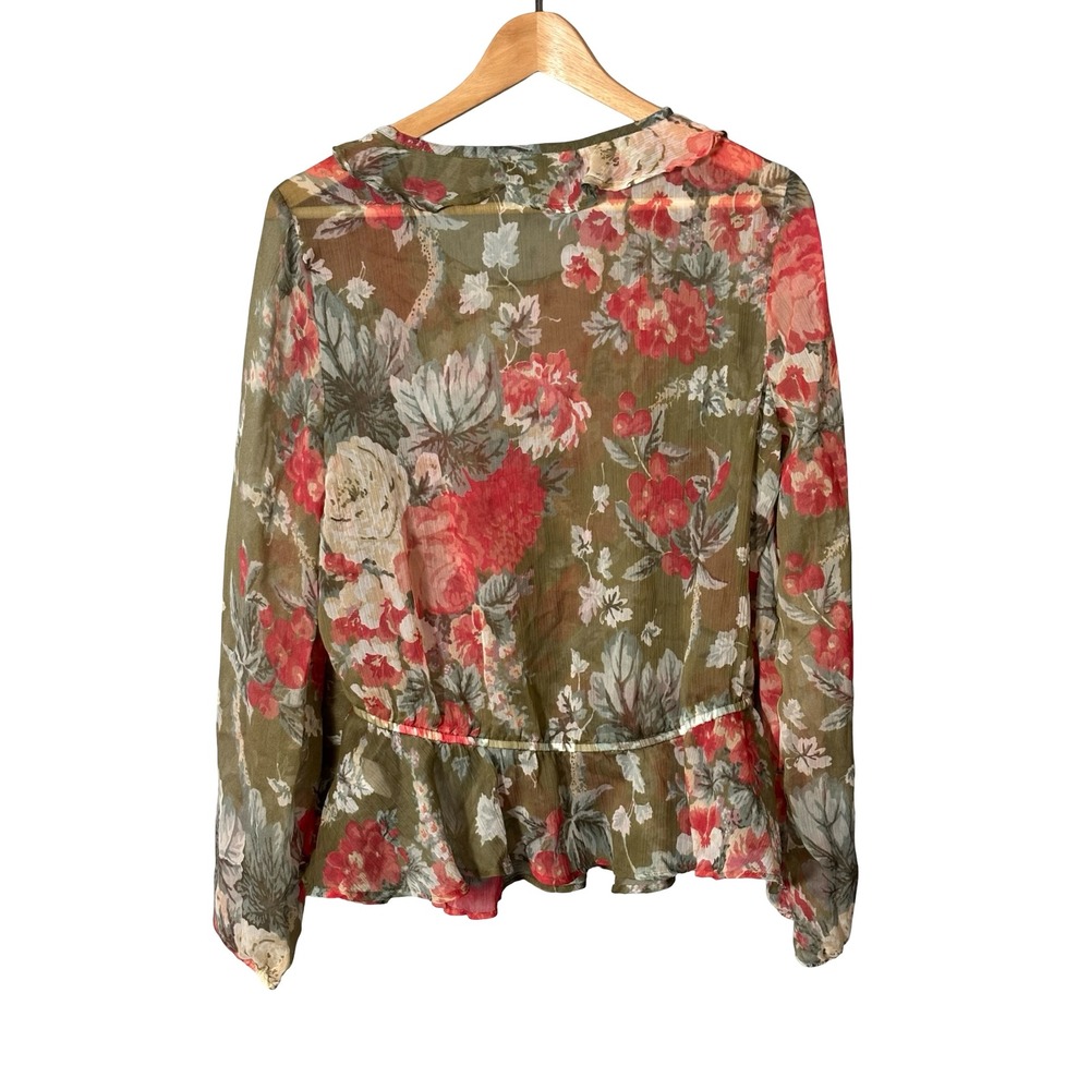 Belle Sky Floral Sheer Ruffle Peplum Blouse Size L Olive Green Red Polyester - Picture 6 of 6